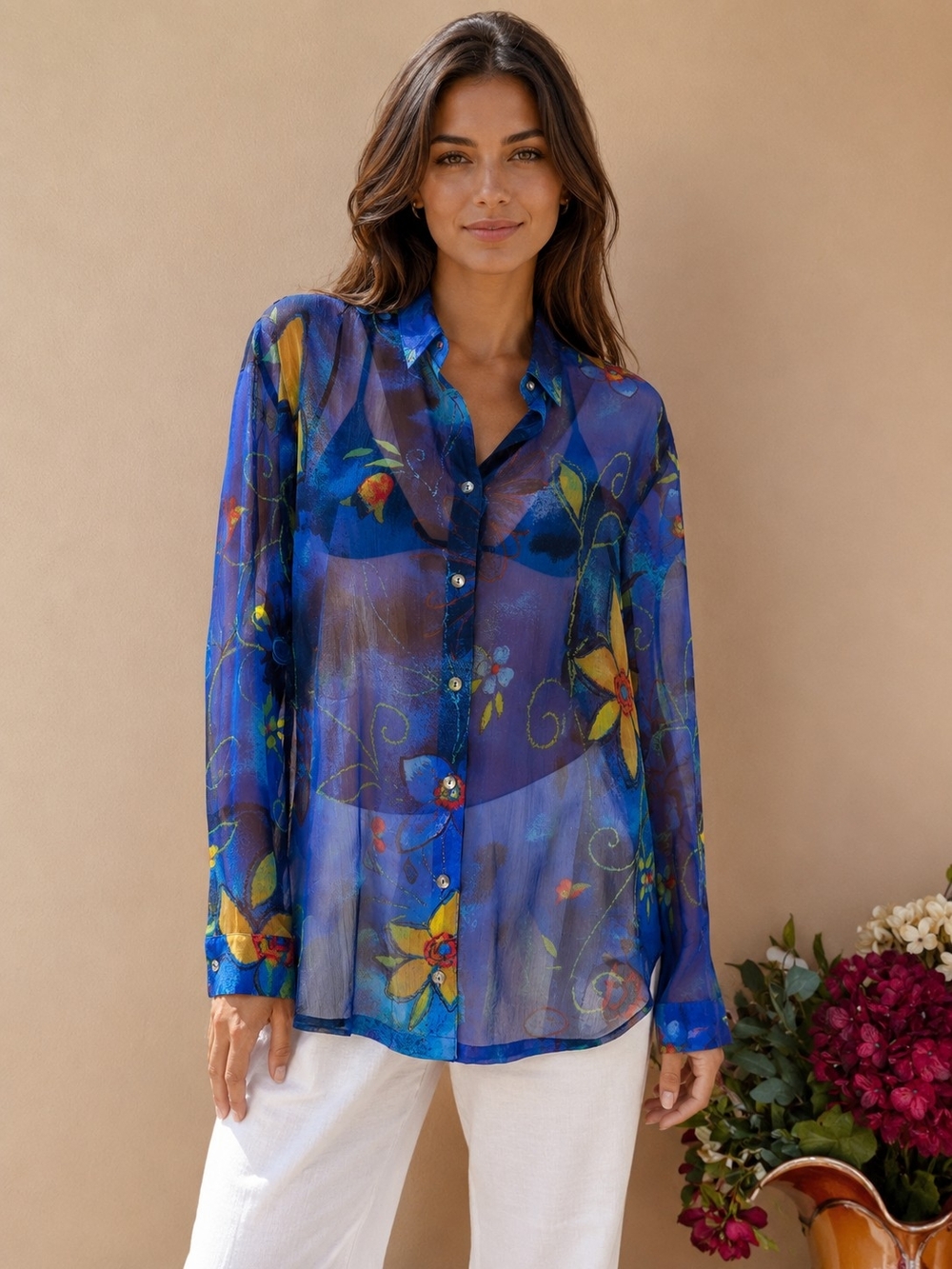 Chico's Sheer Blue Floral Button-Down Shirt with Yellow Accents